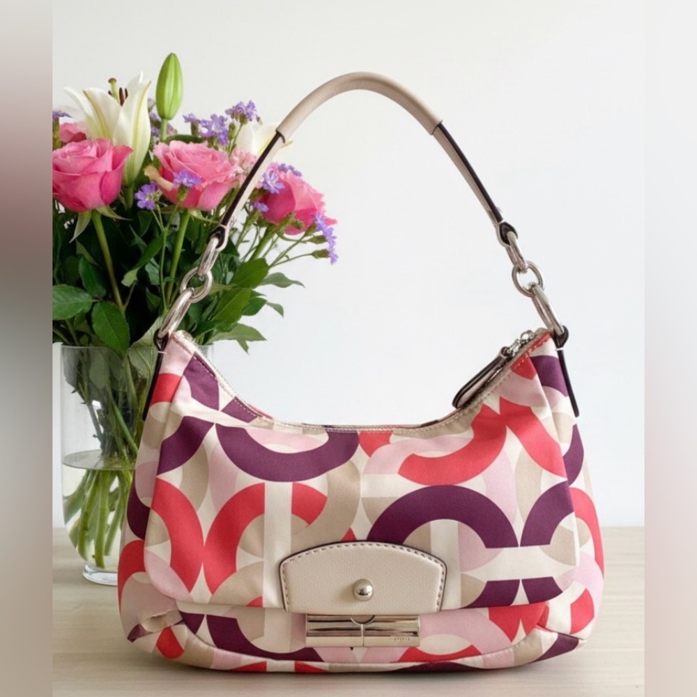 Coach Kristin Signature Pink White Purple Nylon Hobo Shoulder bag Crossbody